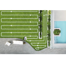 Draufsicht eines Gartens mit Rasenmähroboter, der durch Linien mit Pfeilen seine Route andeutet