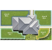 Draufsicht eines Hauses mit Gartenflächen und Bewässerungsplan.