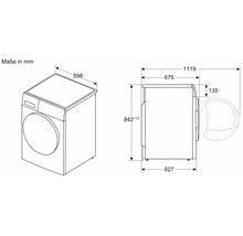 Technische Zeichnung einer Waschmaschine mit Maßangaben in Millimeter