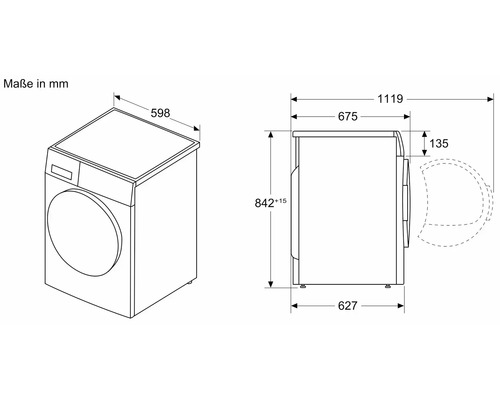 Technische Zeichnung einer Waschmaschine mit Maßangaben in Millimeter