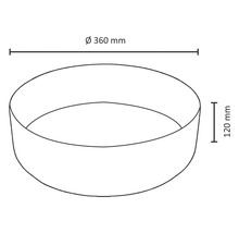 Skizze einer Pflanzschale mit den Maßen Durchmesser 360 Millimeter und Höhe 120 Millimeter