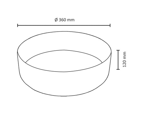 Skizze einer Pflanzschale mit den Maßen Durchmesser 360 Millimeter und Höhe 120 Millimeter
