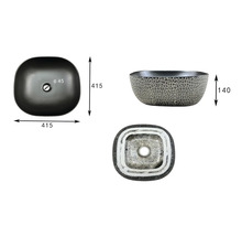 Drei Ansichten eines Aufsatzwaschbeckens mit Maßangaben.