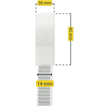 Abbildung einer weißen Gardinenbandes mit den Maßen 30 mm breit, 85 mm lang und 14 mm hoch