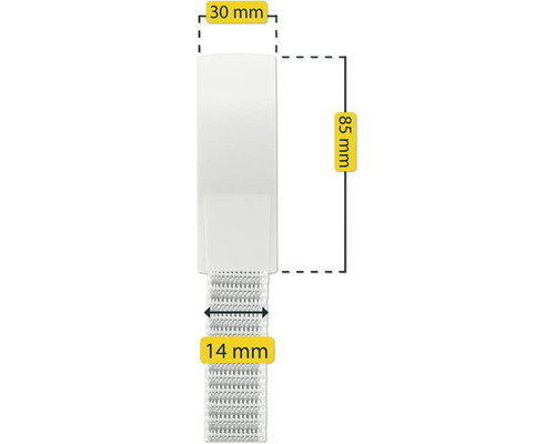 Abbildung einer weißen Gardinenbandes mit den Maßen 30 mm breit, 85 mm lang und 14 mm hoch