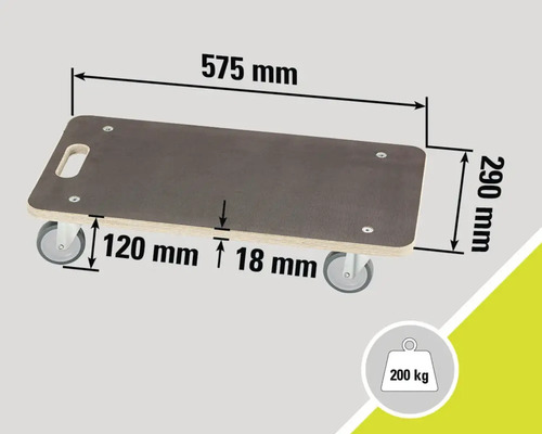 Möbelroller mit den Maßen 575 mm Länge, 290 mm Breite und 120 mm Höhe, Traglast 200 kg