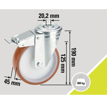 Lenkrolle mit Feststeller und den Maßen 190 mm Höhe, 125 mm Raddurchmesser, 45 mm Radbreite, 20,2 mm Bolzendurchmesser und 300 kg Traglast