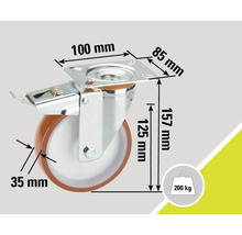 Lenkrolle mit Bremse und den Maßen 100 mm x 85 mm, 157 mm hoch, Raddurchmesser 125 mm, Radbreite 35 mm, Traglast 200 kg