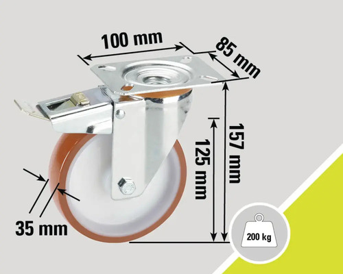 Lenkrolle mit Bremse und den Maßen 100 mm x 85 mm, 157 mm hoch, Raddurchmesser 125 mm, Radbreite 35 mm, Traglast 200 kg
