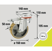 Lenkrolle mit Feststeller und den Maßangaben 140 mm, 110 mm, 195 mm, 50 mm und Durchmesser 160 mm, Belastbarkeit bis 300 kg