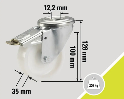 Rollenprodukt mit Bremse und Maßangaben