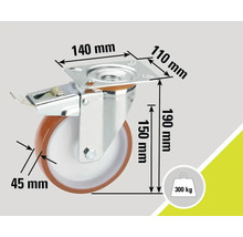 Lenkrolle mit Feststeller und Maßangaben: 140 mm x 110 mm Montageplatte, 190 mm Gesamthöhe, 150 mm Raddurchmesser, 45 mm Radbreite, bis 300 kg belastbar