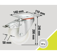 Rollenbock mit Bremse und den Maßangaben 140 mm, 110 mm, 240 mm, 200 mm, 50 mm und einer maximalen Belastbarkeit von 300 Kilogramm.