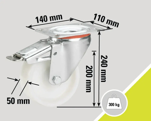 Rollenbock mit Bremse und den Maßangaben 140 mm, 110 mm, 240 mm, 200 mm, 50 mm und einer maximalen Belastbarkeit von 300 Kilogramm.