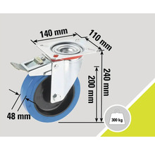 Lenkrolle mit Feststeller und Maßangaben: 140 mm, 110 mm, 240 mm, 200 mm, 48 mm, maximale Belastbarkeit 300 kg