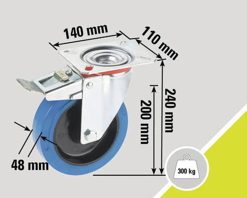 Lenkrolle mit Feststeller und Maßangaben: 140 mm, 110 mm, 240 mm, 200 mm, 48 mm, maximale Belastbarkeit 300 kg