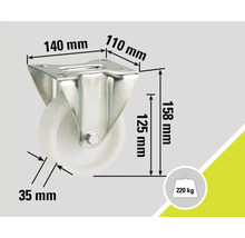 Rollenbock mit Rad und Maßangaben: 140 mm, 110 mm, 158 mm, 125 mm, 35 mm, Traglast 220 kg