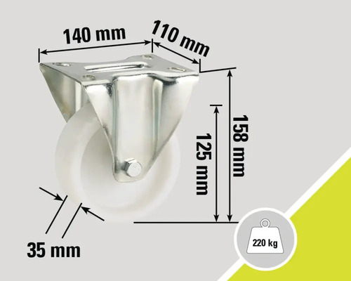 Rollenbock mit Rad und Maßangaben: 140 mm, 110 mm, 158 mm, 125 mm, 35 mm, Traglast 220 kg