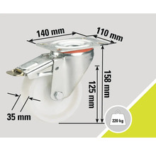 Lenkrolle mit Feststeller, Maße 140x110x158 mm, Raddurchmesser 125 mm, Radbreite 35 mm, Tragkraft 220 kg