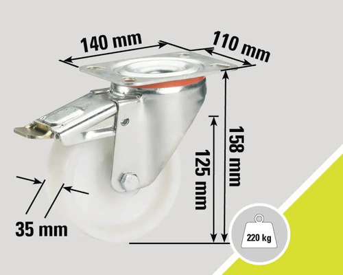 Lenkrolle mit Feststeller, Maße 140x110x158 mm, Raddurchmesser 125 mm, Radbreite 35 mm, Tragkraft 220 kg