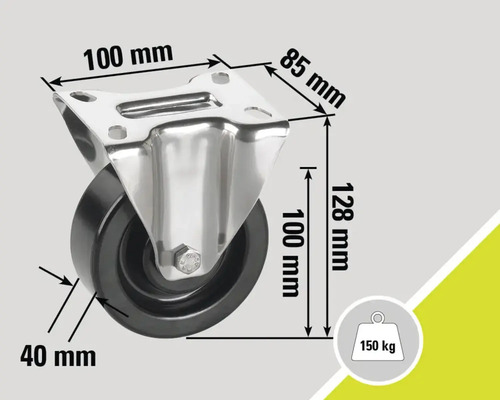 Lenkrolle mit einer Traglast von 150 Kilogramm und Abmessungen von 100 x 85 x 128 Millimeter.