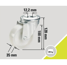 Lenkrolle mit den Maßen 12,2 mm, 35 mm, 100 mm und 128 mm, Traglast 200 kg