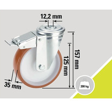 Lenkrolle mit Feststeller und den Maßen 157 mm Höhe, 125 mm Raddurchmesser und 12,2 mm Bolzendurchmesser, Traglast 200 Kilogramm