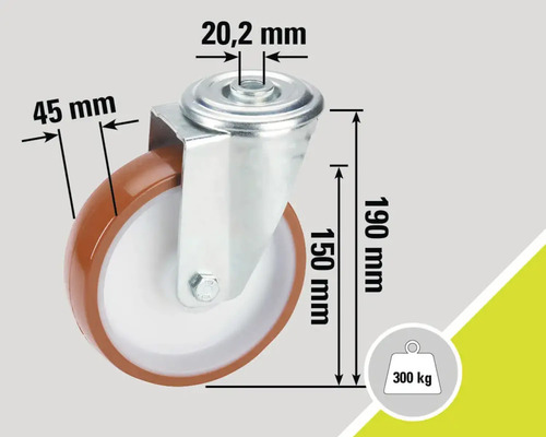 Lenkrolle mit den Maßen 190 mm Höhe, 45 mm Breite, 20,2 mm Durchmesser der Befestigungsplatte und maximaler Traglast von 300 kg