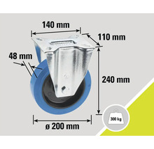 Rolle mit den Maßen 140 mm x 110 mm, Durchmesser 200 mm, Höhe 240 mm und Traglast 300 kg