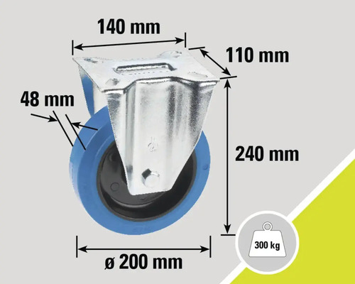Rolle mit den Maßen 140 mm x 110 mm, Durchmesser 200 mm, Höhe 240 mm und Traglast 300 kg