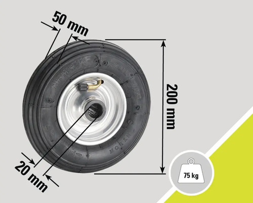 Rad mit einer Breite von 50 mm, einer Nabenbreite von 20 mm, einem Durchmesser von 200 mm und einer Tragfähigkeit von 75 Kilogramm