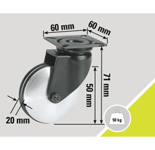 Lenkrolle mit den Maßen 60 mm x 60 mm, Raddurchmesser 50 mm, Radbreite 20 mm und Traglast 50 kg