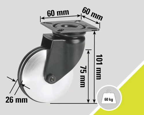 Möbelrolle mit Platte, Abmessungen und Belastbarkeit bis 60 kg