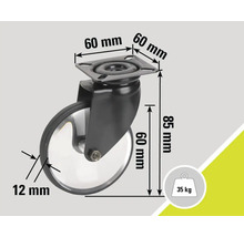 Lenkrolle mit den Maßen 60 mm x 60 mm, Höhe 85 mm und einer Traglast von 35 kg.