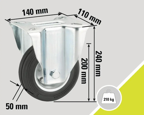 Lenkrolle mit den Maßen 140 mm mal 110 mm, einer Radhöhe von 200 mm, einer Bauhöhe von 240 mm und einer Radbreite von 50 mm mit einer Traglast von 210 kg