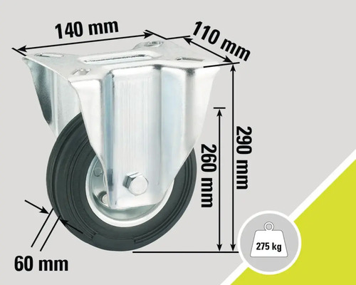 Lenkrolle mit den Maßen 140 mm x 110 mm, einer Radhöhe von 290 mm und einer Traglast von 275 kg