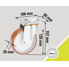 Rolle mit Abmessungen: 100 mm x 85 mm Montageplatte, 157 mm Gesamthöhe, 125 mm Raddurchmesser, 35 mm Radbreite und 200 kg Traglast