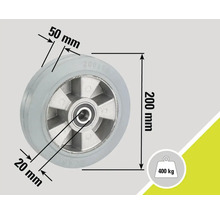 Rollen-Detailansicht mit Maßangaben: 200 mm Durchmesser, 50 mm Reifenbreite, 20 mm Lagerbreite und 400 kg Traglast