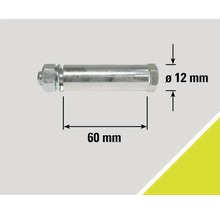 Abbildung eines Bolzens mit Mutter und Maßangaben: Durchmesser 12 mm, Länge 60 mm.
