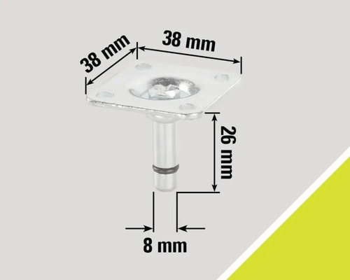 Möbelgleiter mit den Maßen 38 mm, 38 mm, 26 mm und 8 mm