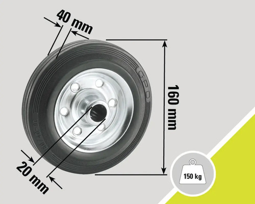 Rad mit den Maßen 160 Millimeter mal 40 Millimeter und einer Traglast von 150 Kilogramm