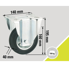 Lenkrolle mit den Maßen 140 Millimeter mal 195 Millimeter, Raddurchmesser 160 Millimeter und Traglast 150 Kilogramm