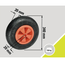 Schubkarrenrad mit den Maßen 340 mm Durchmesser und 20 mm Reifenbreite, maximale Traglast 150 kg