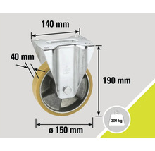 Lenkrolle mit den Maßen 140 mm x 150 mm x 190 mm und einer Traglast von 300 kg