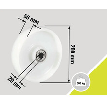 Rollenmaßangaben: 200 mm Durchmesser, 50 mm Radbreite, 20 mm Achsbohrung, Traglast 500 kg