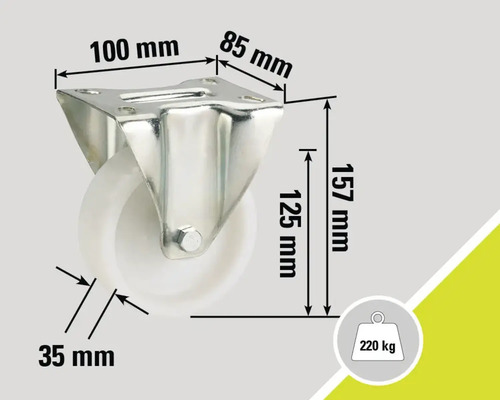 Lenkrolle mit den Maßen 100 mm x 85 mm, einer Radhöhe von 125 mm und einer Gesamthöhe von 157 mm, Raddurchmesser 35 mm und einer Traglast von 220 kg