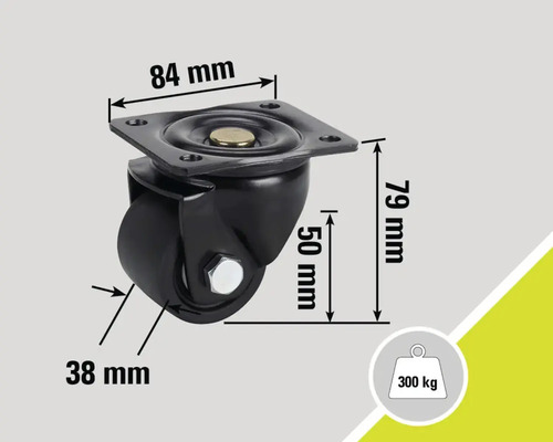 Rolle mit den Maßen 84 mm mal 79 mm und einer Traglast von 300 kg