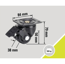 Lenkrolle mit Bremse und den Maßangaben 84 mm, 79 mm, 50 mm und 38 mm, Traglast 300 Kilogramm.