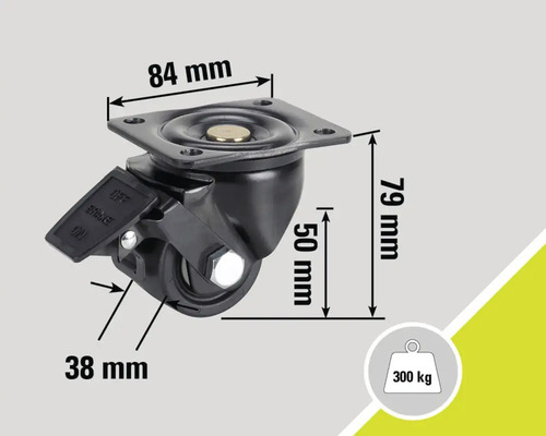 Lenkrolle mit Bremse und den Maßangaben 84 mm, 79 mm, 50 mm und 38 mm, Traglast 300 Kilogramm.