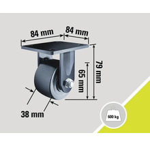 Rollenbock mit den Maßen 84 mm x 84 mm, einer Bauhöhe von 79 mm und einer Rollenbreite von 38 mm, Traglast 600 kg